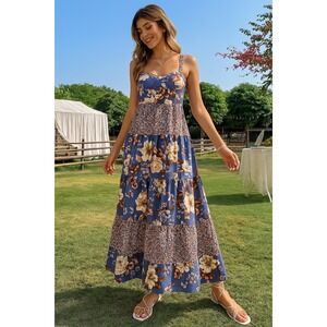 B.O.G Collective Blue Floral Tiered Maxi Dress Smocked Back Bustier Top Small